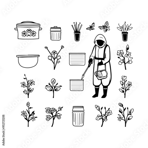 Beekeeper Tending to a Beehive set items clipart