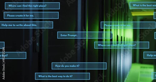 Questions and prompts animation over green-lit server room background photo