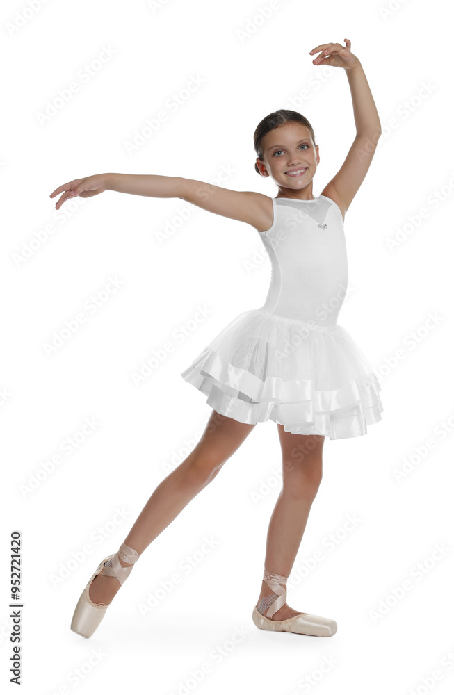 Little ballerina practicing dance moves on white background Little ballerina practicing dance moves on white background