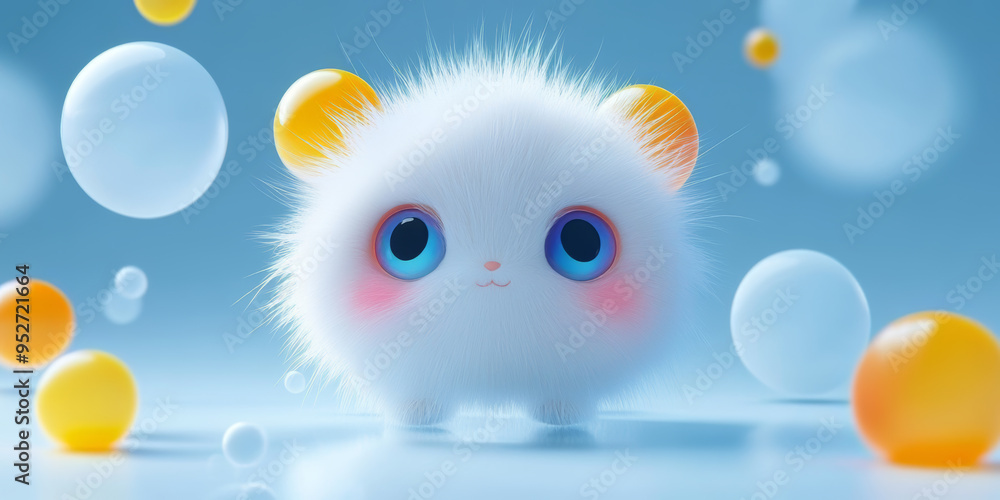 Fototapeta premium Fat fluffy white happy cat on 3D blue studio background.