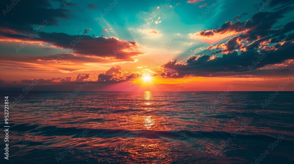 Beautiful sunset over the ocean, sky painted with warm colors, silhouetted horizon Beautiful sunset over the ocean, sky painted with warm colors, silhouetted horizon
