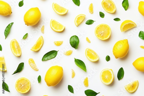 Wallpaper Mural Fresh lemons leaves pattern on white background Torontodigital.ca