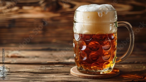 Beer mug with rich foam head on a rustic wooden table