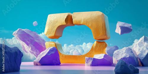 Colorful 3D stone portal, clouds and mountains background.