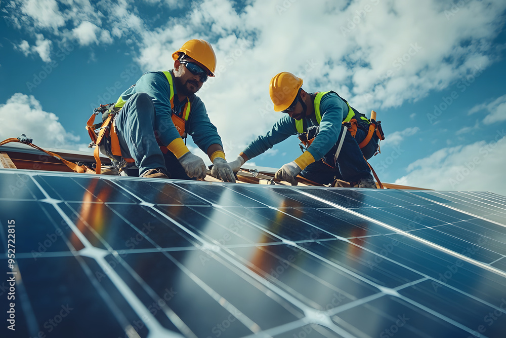 Workers installing solar panels on rooftop Workers installing solar panels on rooftop