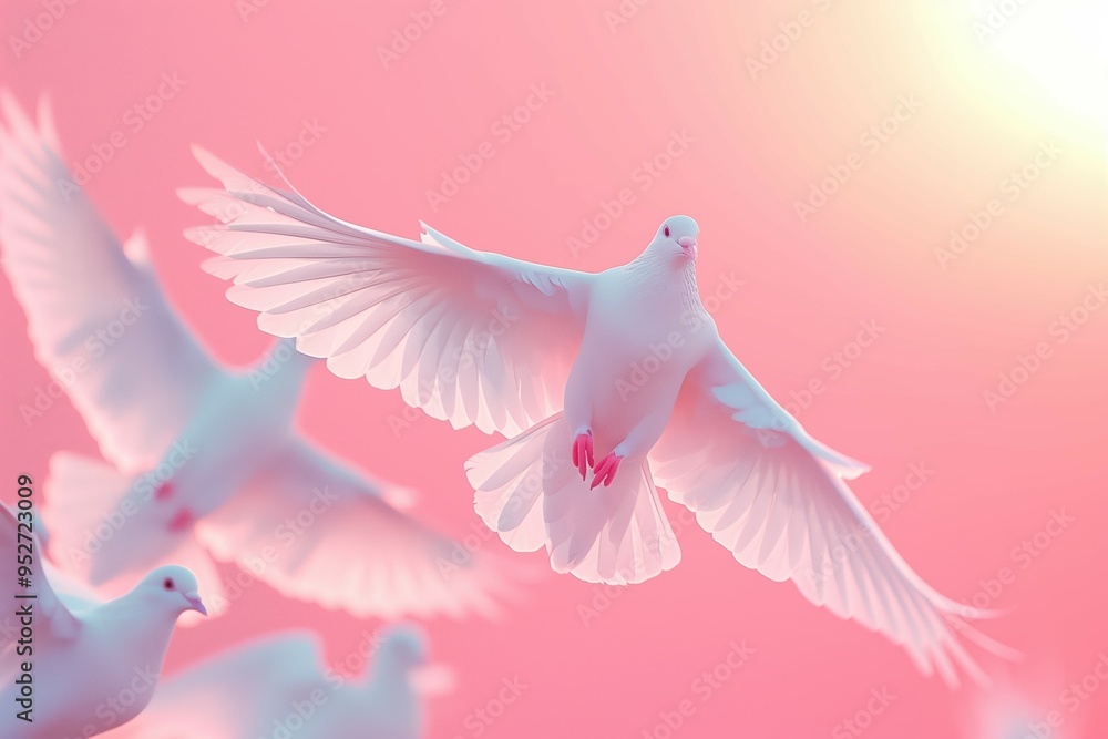 Obraz premium Graceful white doves soaring through a soft pink sky at sunrise