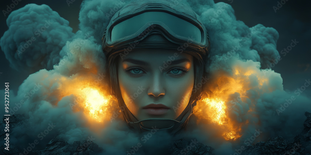 Female soldier in military helmet in front of a massive bomb explosion. Female soldier in military helmet in front of a massive bomb explosion.