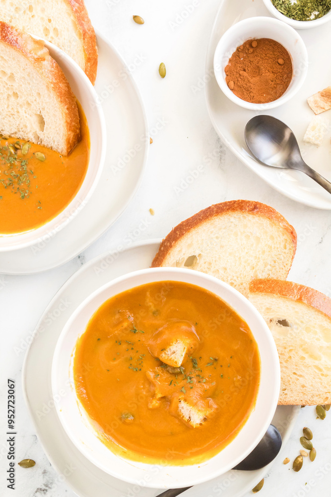 wo bowls of butternut squash soup with bread slices and spices wo bowls of butternut squash soup with bread slices and spices