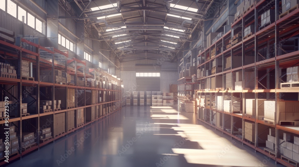 Bright modern warehouse interior with high ceilings, metal shelving units, and natural light Bright modern warehouse interior with high ceilings, metal shelving units, and natural light