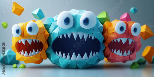 Colorful creatures, shocked stone mascots on 3D studio background.