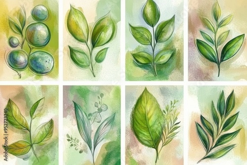 Watercolor illustrations of various green leaves.