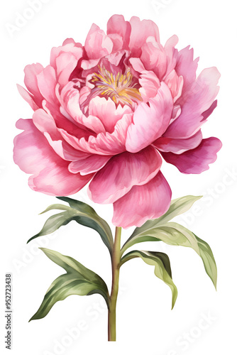 Fototapeta Naklejka Na Ścianę i Meble -  watercolor peony flower with leaves, isolated pink floral clipart, perfect for cards, invitations, and spring composition designs