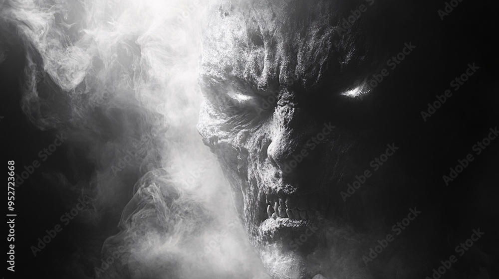 Obraz premium A terrifying evil face with smoke in the darkness, ideal for Halloween and horror-themed content.