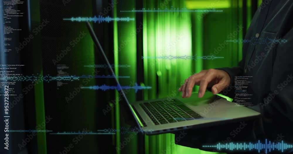 Typing on laptop, person with sound waveforms and data processing animation over green background Typing on laptop, person with sound waveforms and data processing animation over green background