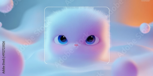 Fat fluffy white happy cat on 3D pink background.