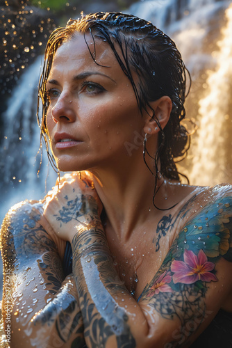 woman in waterfall with tattoos