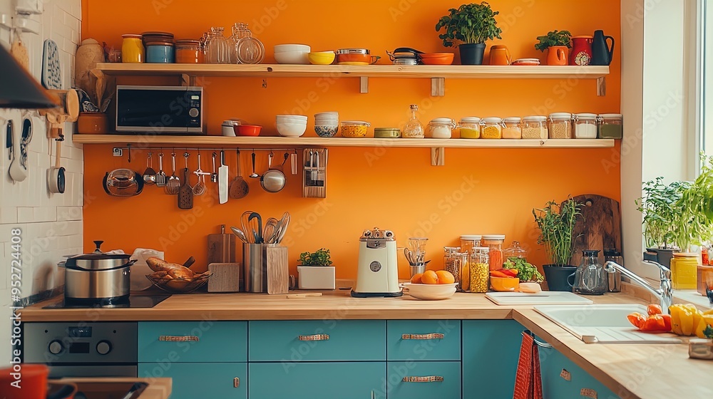 Vibrant Kitchen Poster: Embrace a Cheerful Atmosphere with Modern Appliances, Colorful Kitchenware, and Fresh Ingredients in a Soft Orange Ambiance - Perfect for Your Culinary Space! Vibrant Kitchen Poster: Embrace a Cheerful Atmosphere with Modern Appliances, Colorful Kitchenware, and Fresh Ingredients in a Soft Orange Ambiance - Perfect for Your Culinary Space!