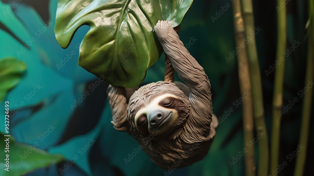 A cute, cartoon-style sloth toy hangs upside down from a green leaf, surrounded by lush tropical foliage. A cute, cartoon-style sloth toy hangs upside down from a green leaf, surrounded by lush tropical foliage.