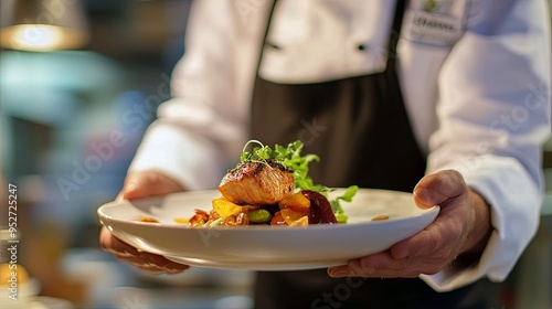 Chef Presenting Gourmet Salmon Dish with Vegetables and Sauce photo