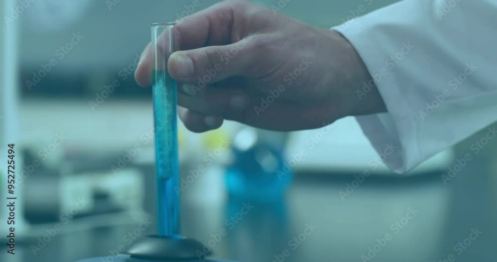 Holding test tube with blue liquid, scientist working in laboratory animation Holding test tube with blue liquid, scientist working in laboratory animation