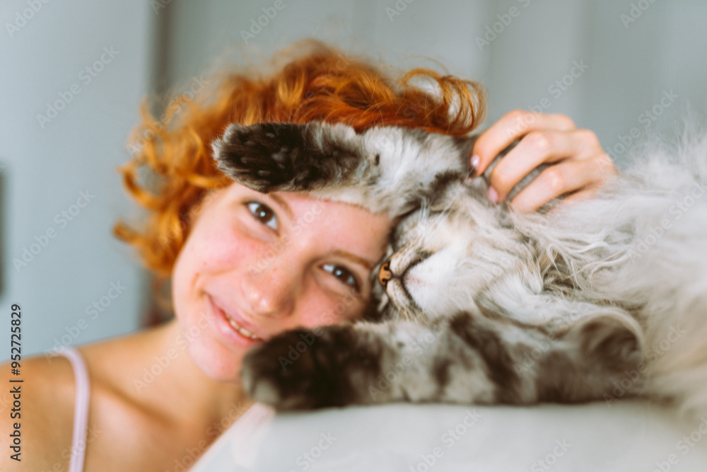 portrait red-haired teenage girl with gray fluffy cat portrait red-haired teenage girl with gray fluffy cat