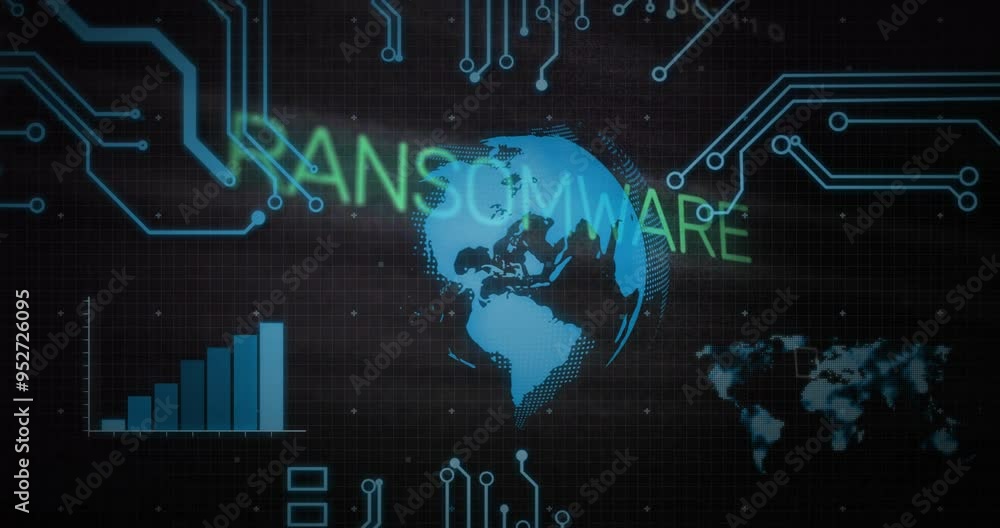 Ransomware text animation over digital world map and circuit board ...
