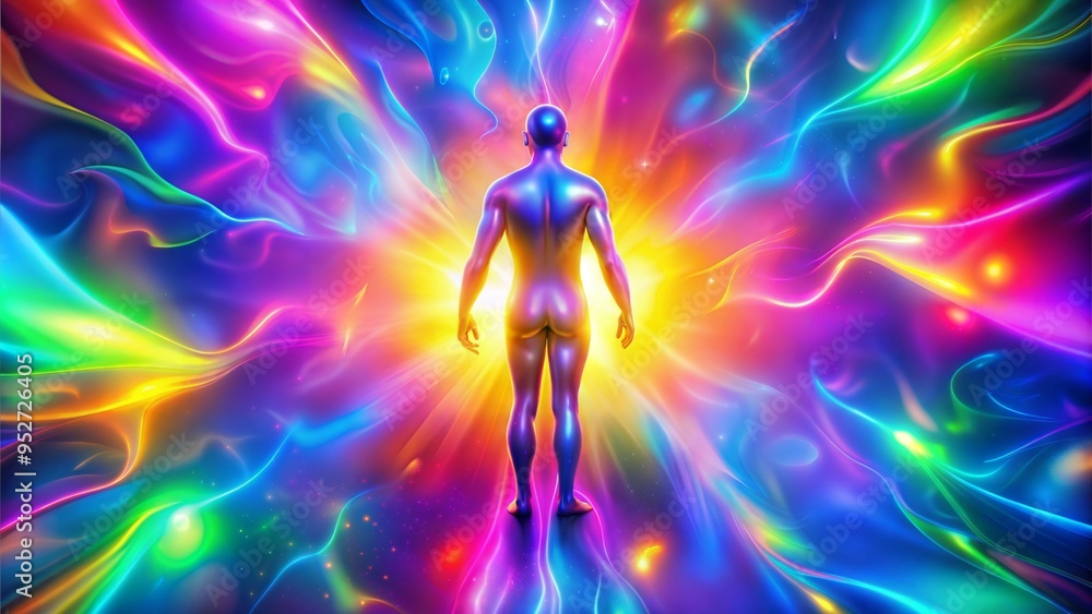 Obraz premium Aura energy background, Silhouette of a Person Absorbing Radiant Energy Against a Vivid, Multicolored Background