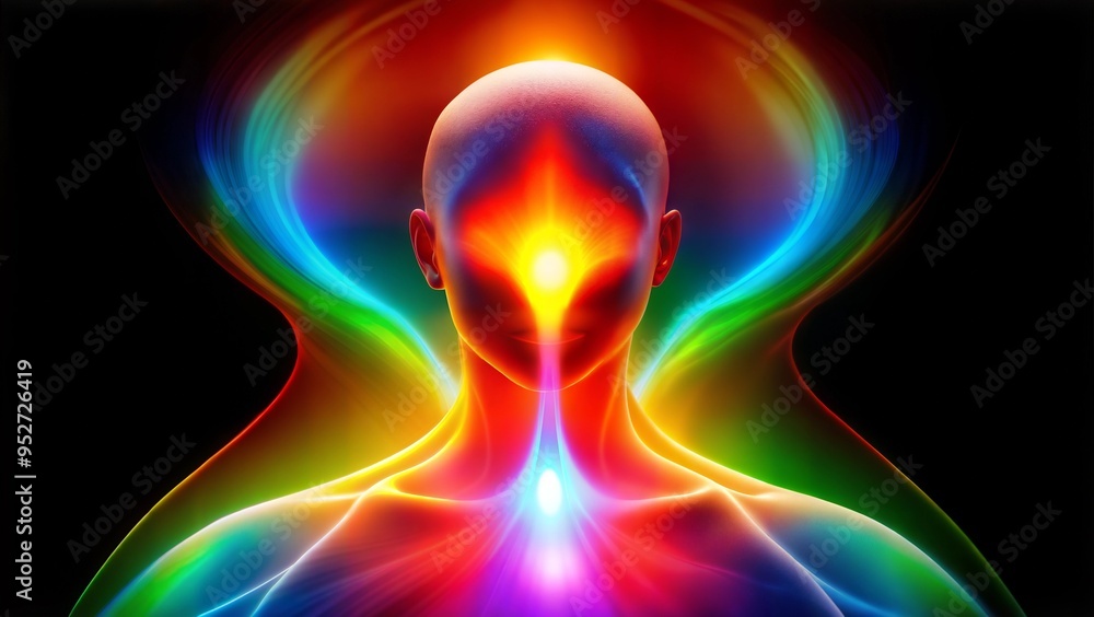 Mystical Human Silhouette with Illuminated Third Eye, Radiating Vibrant Aura Mystical Human Silhouette with Illuminated Third Eye, Radiating Vibrant Aura