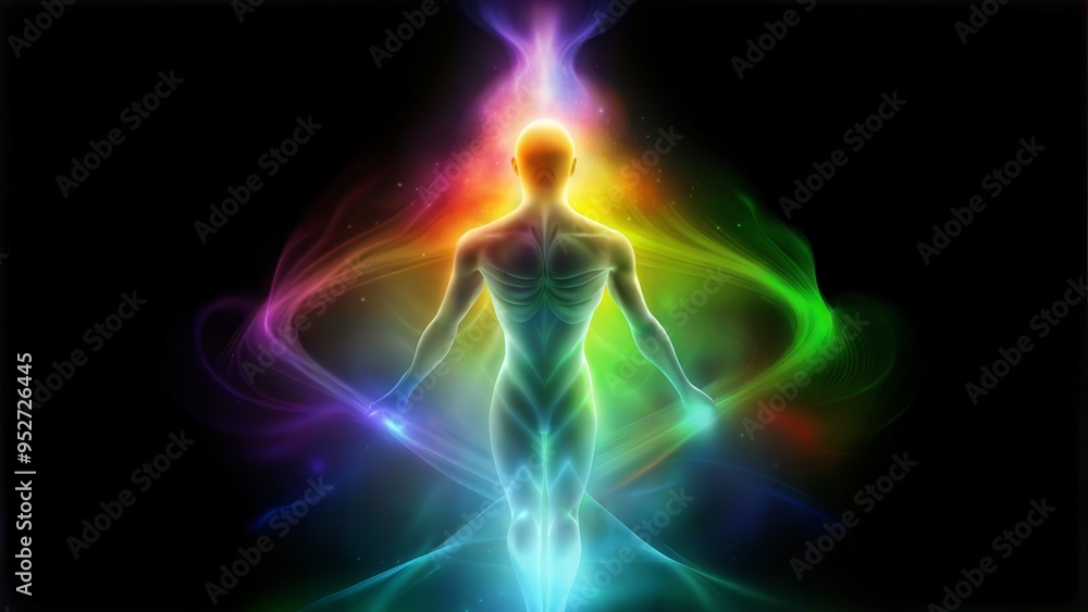 Glowing Human Figure Meditating, Radiating Light and Energy in Cosmic Space Glowing Human Figure Meditating, Radiating Light and Energy in Cosmic Space