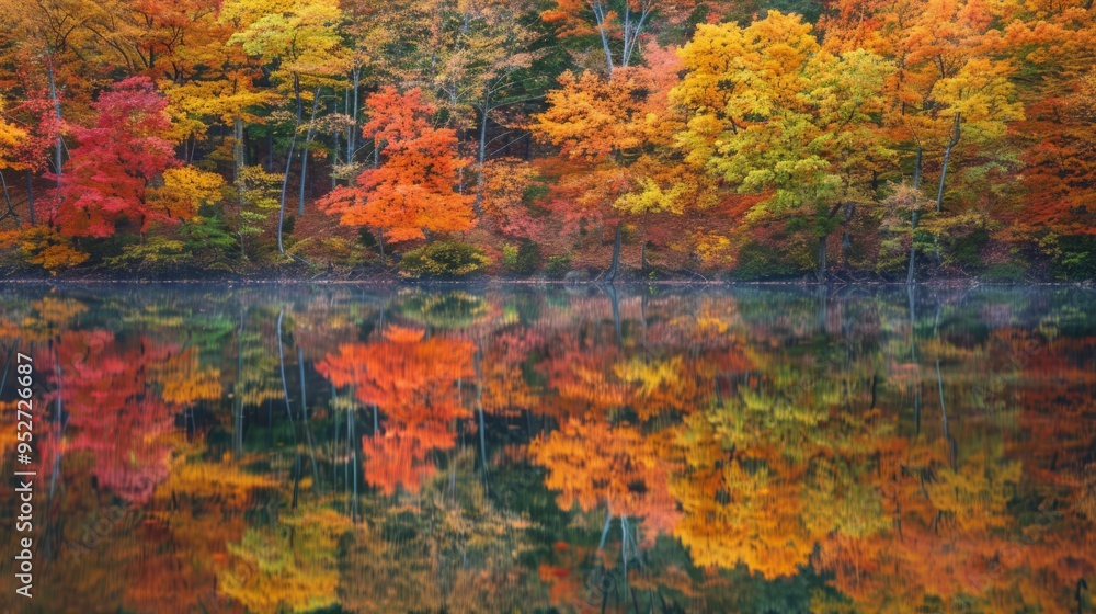 Clear lake water mirroring autumn trees with bright foliage Clear lake water mirroring autumn trees with bright foliage