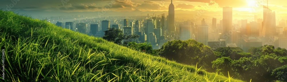 Lush green hillside overlooking a modern city skyline at sunset, blending urban life and nature in stunning harmony. Lush green hillside overlooking a modern city skyline at sunset, blending urban life and nature in stunning harmony.
