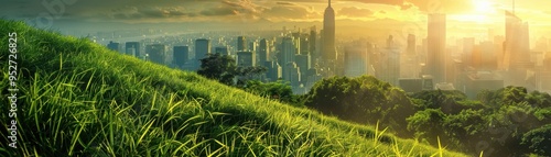 Lush green hillside overlooking a modern city skyline at sunset, blending urban life and nature in stunning harmony.