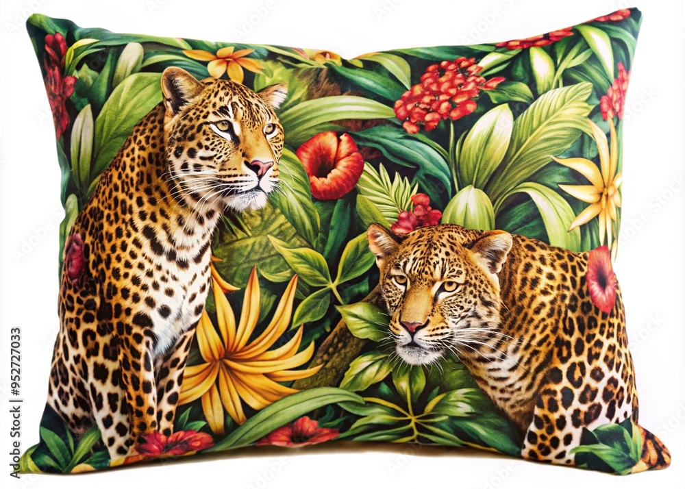 Naklejka premium A vibrant and exotic leopard print fabric wraps around a stylish decorative Throw Pillow, adding a pop of wild elegance to any room's interior design.
