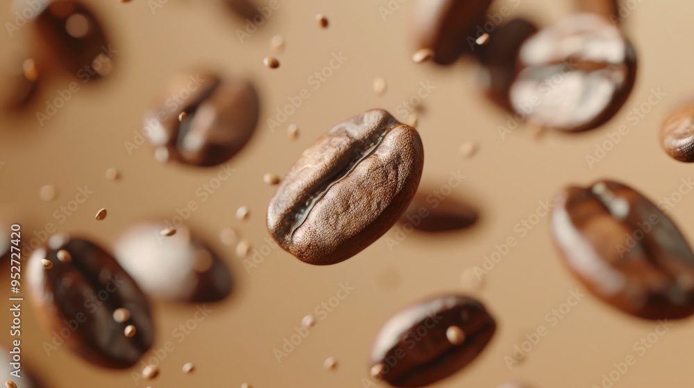 Coffee beans suspended in mid-air with a neutral background and soft, natural light Coffee beans suspended in mid-air with a neutral background and soft, natural light
