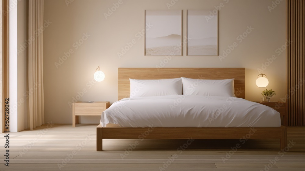 Fototapeta premium A serene and modern bedroom featuring a wooden bed, soft white bedding, and calming artwork on the walls, creating a cozy atmosphere.