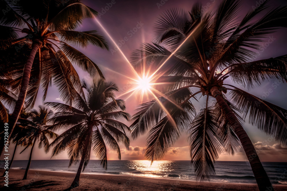 Fototapeta premium A beautiful sunset over the ocean with palm trees in the background. The sun is shining brightly, casting a warm glow over the scene. The colors of the sky and water are vibrant and calming