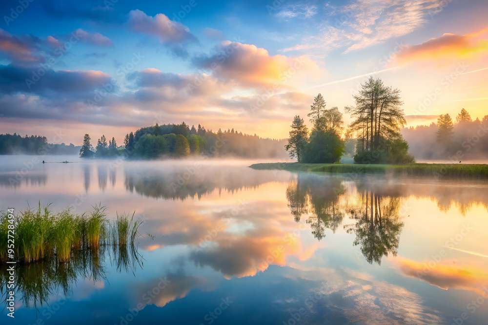 Obraz premium A lake with a cloudy sky in the background. The sky is orange and pink