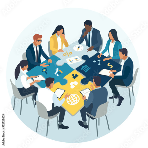 Searching for a solution. Work on solving the problem. Brainstorming. The team discusses the project sitting around a puzzle-shaped table. 