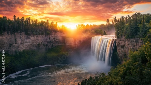 Fototapeta Naklejka Na Ścianę i Meble -  waterfalls cascading into the roiling river below. surrounded by lush forest cliffs. the sky glows with the warm hues of sunrise or sunset