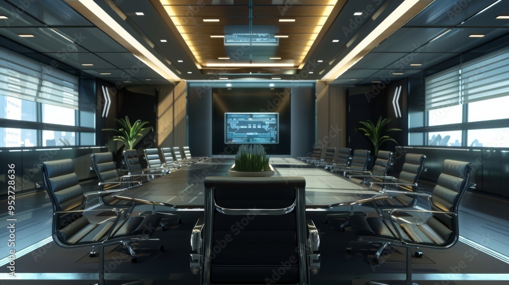 Conference room with large table, ergonomic chairs, and high-tech equipment Conference room with large table, ergonomic chairs, and high-tech equipment