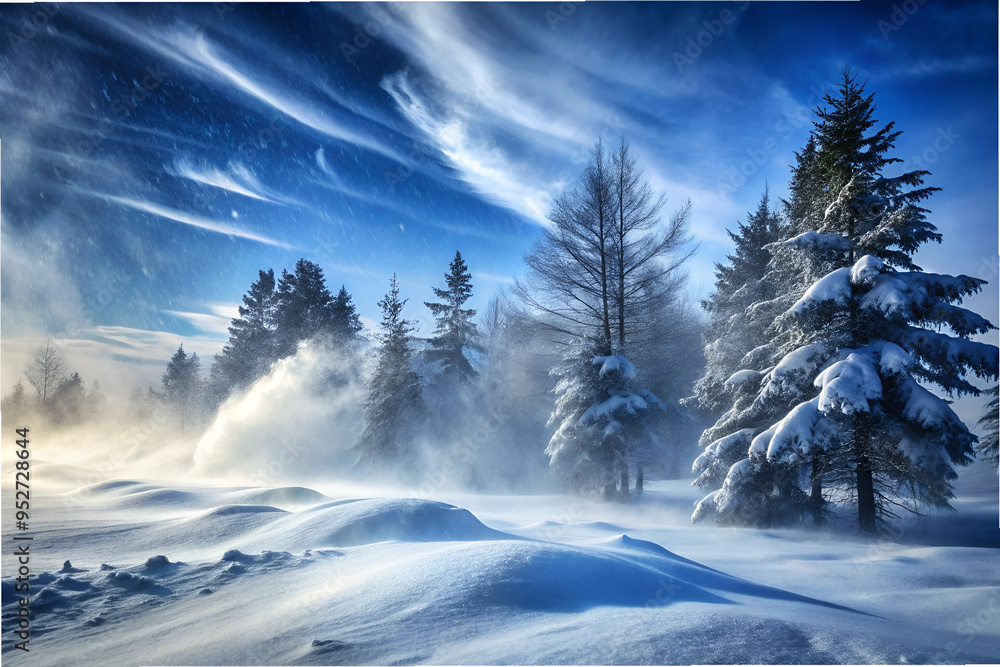 A snowy landscape with trees and clouds in the sky. The trees are bare and covered in snow. The scene is peaceful and serene