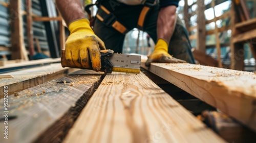 Construction worker measuring and cutting wood planks