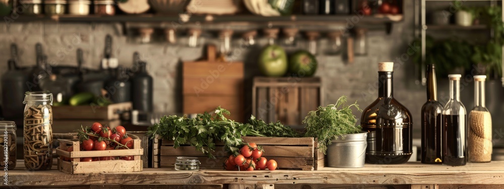 Rustic kitchen with fresh herbs and vegetables on a wooden table Rustic kitchen with fresh herbs and vegetables on a wooden table