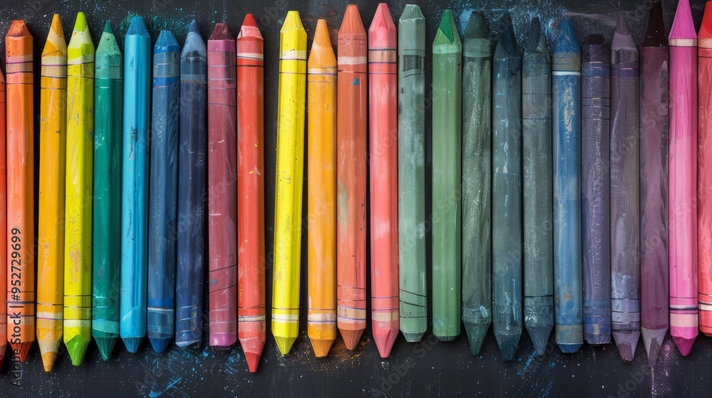 Crayons in a gradient from dark to light colors on a blackboard Crayons in a gradient from dark to light colors on a blackboard