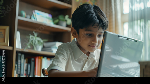 Asian Indian school kid studying at home on computer photo