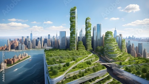 Urban Greenery Overlooking Manhattan: Illustrate a bustling New York City skyline