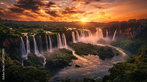 waterfalls cascading into the roiling river below. surrounded by lush forest cliffs. the sky glows with the warm hues of sunrise or sunset