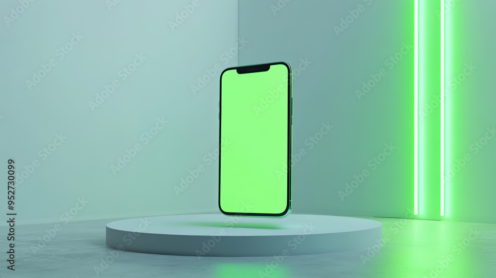 a green phone mockup, levitating in the air with a light grey background a green phone mockup, levitating in the air with a light grey background