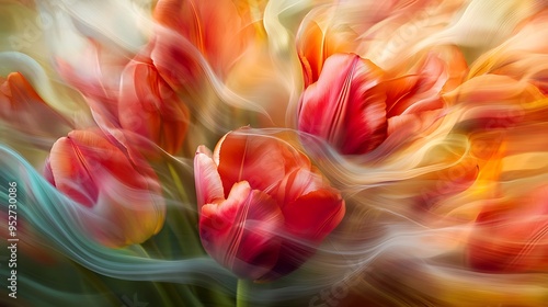 Abstract Floral Background with Red Tulips and Swirling Textures