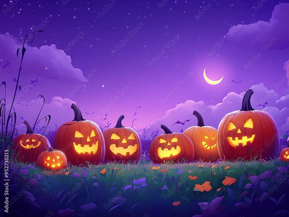 Spooky Halloween Night with Carved Pumpkins Under Crescent Moon and Starry Sky in a Mystical Field with Purple Twilight Atmosphere Spooky Halloween Night with Carved Pumpkins Under Crescent Moon and Starry Sky in a Mystical Field with Purple Twilight Atmosphere